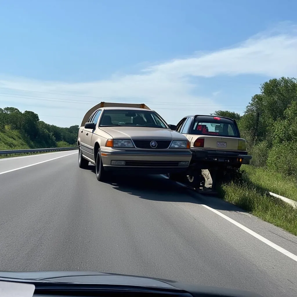 A car being safely towed on a highway by a truck